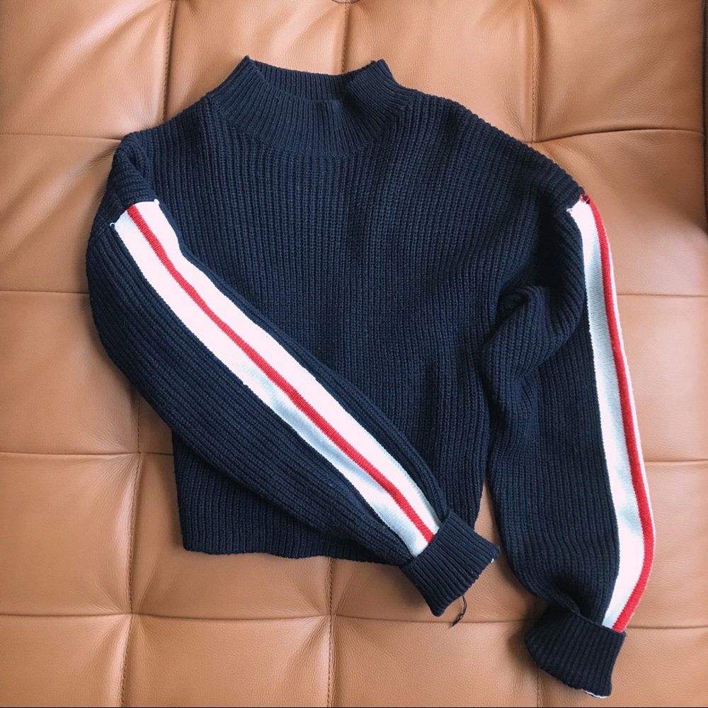 Navy Sweater with Striped Sleeves